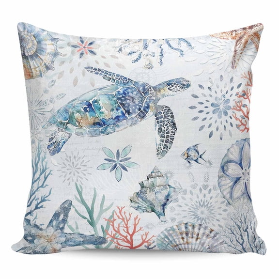 Ocean Turtle Pillow Covers 18x18 Inch Decorative Throw Pillow Cover, Summer Coastal Coral Flower Shells Sofa Pillowcases Accent Cushion Case Home Decor Bedroom Living Room