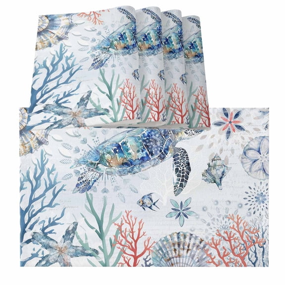 Ocean Turtle Placemats for Dinning Table Set of 4, Summer Coastal Coral Flower Shells Burlap Kitchen Place Mats Waterproof Cloth Table Mats, Indoor Outdoor Placemats Easy Clean Dinner Decor