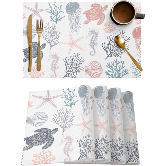 Ocean Turtle Placemats Set of 4,Washable Woven Burlap Cloth Fabric Placemat for Square/Rectangle/Round/Oval Dining Table,Easy Clean Place Mats for Kids Sea Starfish Jellyfish Coral Shell Seahorse