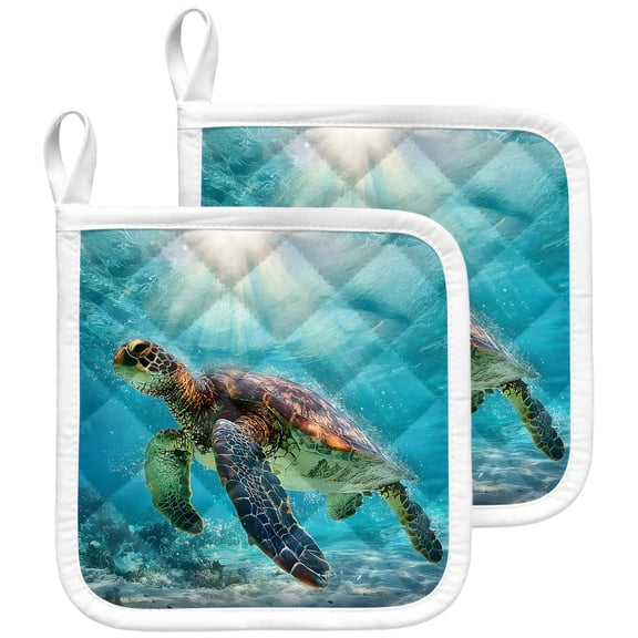 Ocean Turtle Pot Holders for Kitchen Heatproof Potholder, 2 Pack Tropical Coastal Animals Underwater Sunshine Hot Pads Multipurpose Oven Pads Terry Cloth Potholders Trivet for Cooking and Baking