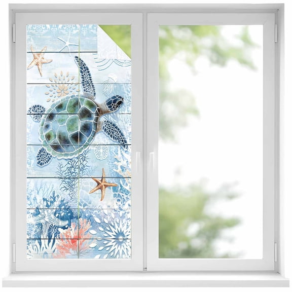 Ocean Turtle Privacy Window Film, Decorative Frosted Glass Window Film, Blue Coral Coastal Starfish Nautical Shell Reusable Peel and Stick Static Cling for Home Bathroom Office Glass Door 17.7"x39.3"