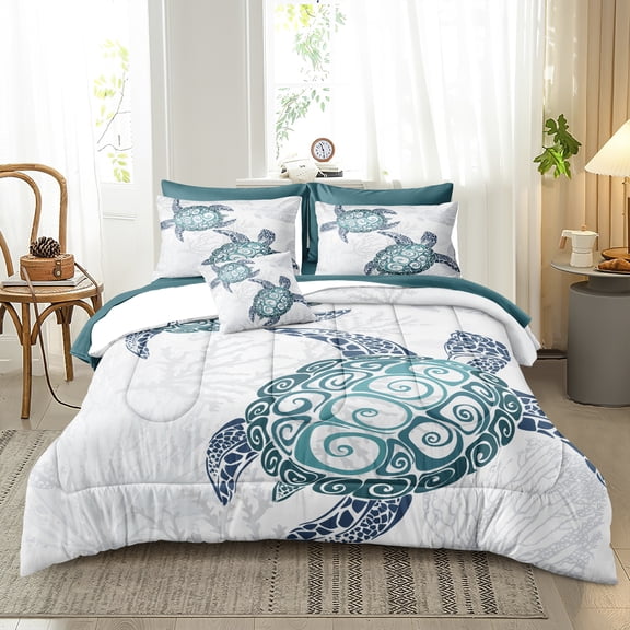 Ocean Turtle Queen Comforter Set with Sheets Coastal Bedding Set Soft Microfiber 8 Pieces Bed in a Bag Queen Sea Turtle Quilt Ocean Comforter for All Seasons with 1 Turtle Comforter 4 Pillo