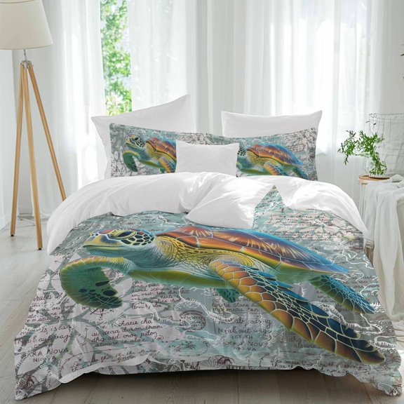 Ocean Turtle Queen Size Comforter Set, Nautical Retro Illustration Map Texture Bedding for All Seasons, 4 Pcs Bed Set, 1Quiltcover (90"x92") ,1Sheet(94"x116"), 2Pillowcases (30"x20")