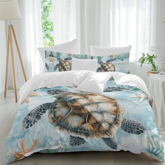Ocean Turtle Queen Size Comforter Set, Shell Seaweed Starfish Watercolor Bedding for All Seasons, 4 Pcs Bed Set, 1Quiltcover (90"x92") ,1Sheet(94"x116"), 2Pillowcases (30"x20")