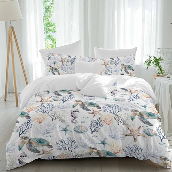 Ocean Turtle Queen Size Comforter Set, Summer Blue Green Coral Shell Sea Star Seahorse Bedding for All Seasons, 4 Pcs Bed Set, 1Quiltcover (90"x92") ,1Sheet(94"x116"), 2Pillowcases (30"x20")