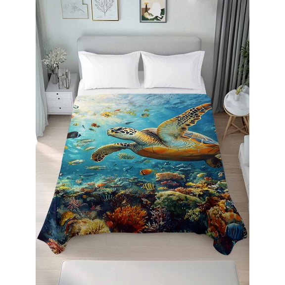 Ocean Turtle Queen Size Flat Sheet, Wrinkleproof & Fadeproof Cooling Flat Bed Sheet Only, Summer Beach Underwater Coral Fish Sea Breathable Soft Bedding Top Sheets 90 x 102 Inches