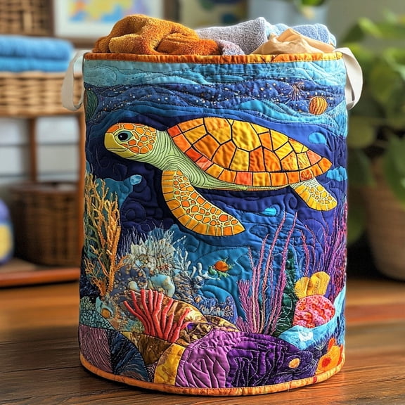 Ocean Turtle Quilted Laundry Basket, Nautical Turtle Hamper, Marine Life Laundry Storage