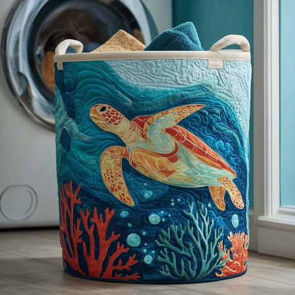 Ocean Turtle Quilted Laundry Basket, with Handles, Foldable Clothes Hamper for Bedroom Storage