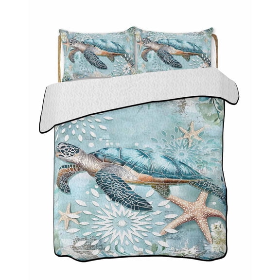 Ocean Turtle Quilts Bedding Set King Size Nautical Retro Blue Starfish Sealife Lightweight Quilted Bedspread 3 Piece Bed Quilt with 2 Pillow Shams All Season for Bedroom 90" x 96"