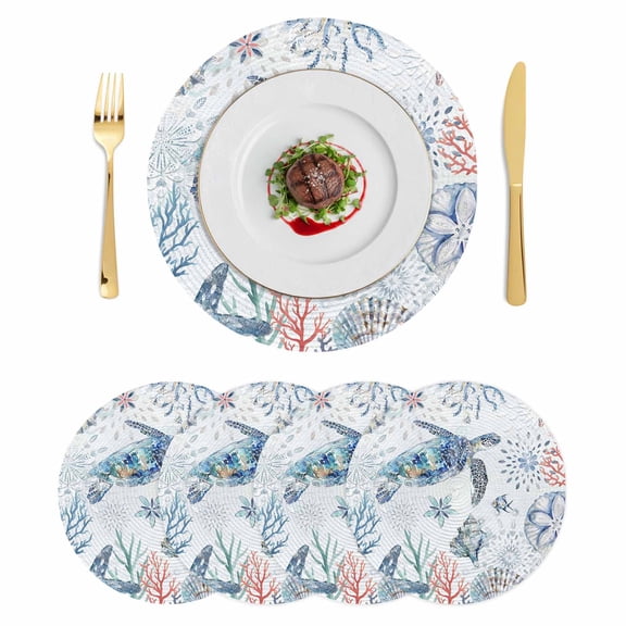 Ocean Turtle Round 13 Inch Placemats Set of 4, Summer Coastal Coral Flower Shells HeatResistant Non Slip Place Mats for Dining Table, Wipeable Braided Kitchen Table Mats for Housewarming