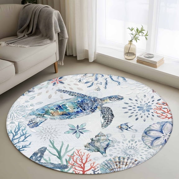 Ocean Turtle Round Area Rug 3.3 FT, Non Slip Small Entryway Kitchen Mat, Summer Coastal Coral Flower Shells Washable Soft Circular Rug Non-Shedding Door Mat for Bathroom Playroom Kids Room