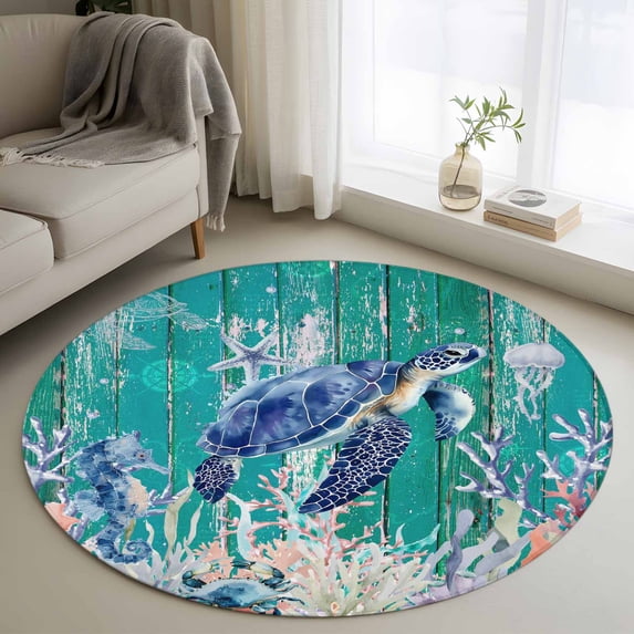Ocean Turtle Round Area Rug 3Ft Washable Small Circle Rugs for Kitchen Entryway, Coastal Seahorse Jellyfish Coral Wood Green Non-Slip Carpet Floor Mats Indoor Outdoor Carpet Runner Home Decor