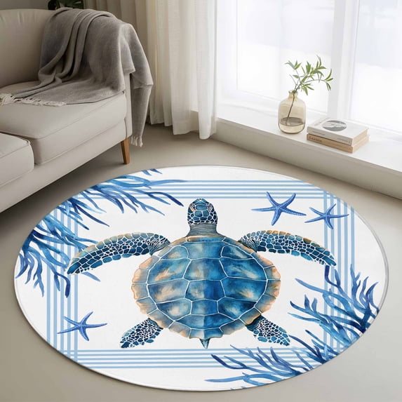 Ocean Turtle Round Area Rugs 3 ft, Blue Starfish Coral Summer Animal Striped Washable Small Area Rug with Non-Slip Sturdy Edge Binding Round Front Door Mat Floor Carpet for Entryway