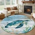 thumbnail image 1 of Ocean Turtle Round Living Room Rugs 8 ft, Coral Starfish Vintage Wood Texture Washable Large Area Rug with Non-Slip Sturdy Edge Binding Round Carpet for Dining Room Kitchen Office, 1 of 9