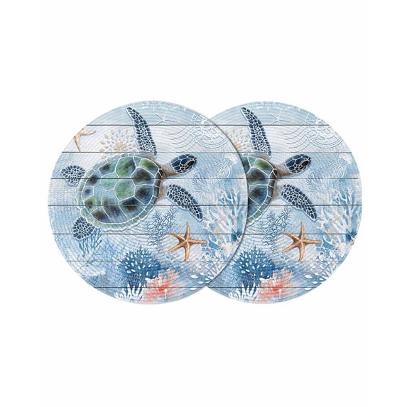 Ocean Turtle Round Placemats Set of 2 for Dinning Tables,Heat-proof Braided Table Mats 13 Inch,Blue Coral Coastal Starfish Nautical Shell Washable Place Mat for Kitchen Restaurant Party Table Decor