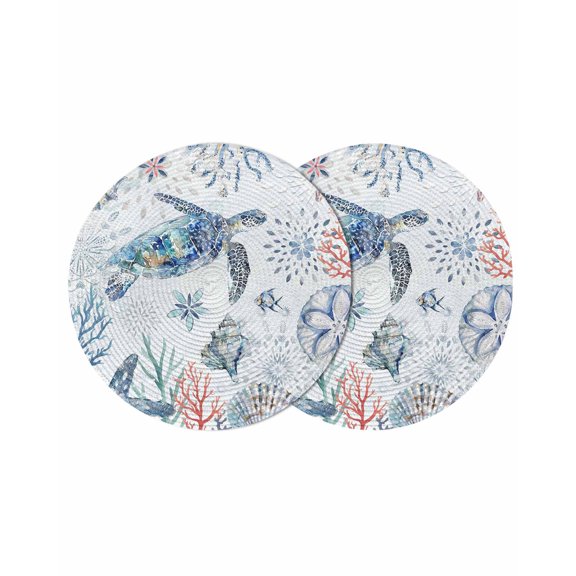 Ocean Turtle Round Placemats Set of 2 for Dinning Tables,Heat-proof Braided Table Mats 13 Inch,Summer Coastal Coral Flower Shells Washable Place Mat for Kitchen Restaurant Party Decor Table Setting