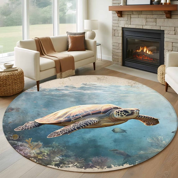 Ocean Turtle Round Rugs for Living Room 5ft Coral Fish Retro Non Slip Circle Rug Washable Low-Profile Indoor Carpet for Bedroom, Dining Room, Bathroom