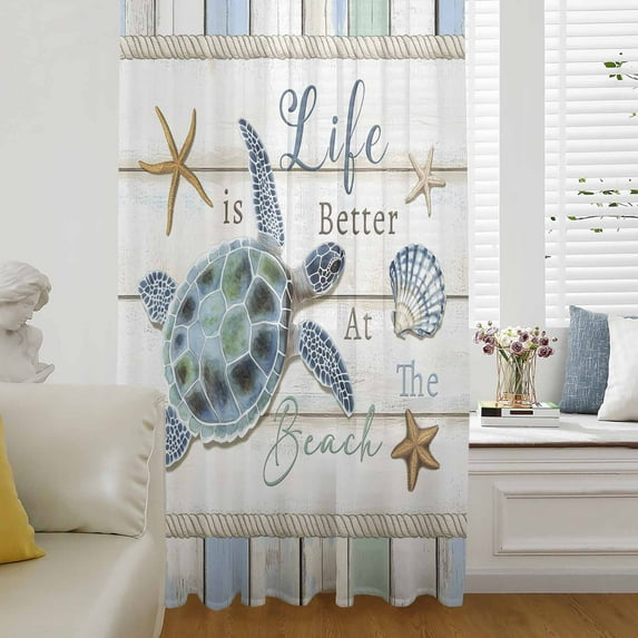 Ocean Turtle Semi Sheer Curtains Drapes for Living Room,Bedroom,French Doors Window 72 Inches Long,Coastal Blue Starfish Shell Conch Wood Grain Rod Pocket Chiffon Curtain Drapery Voile Drape Panel
