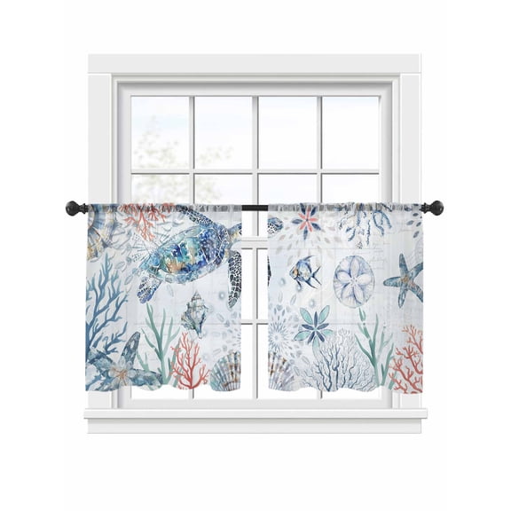 Ocean Turtle Sheer Curtains 45 Inch Length 2 Panels Set, Semi Transparent Voile Rod Pocket Curtains for Living Dining Room Bedroom Drapes Summer Coastal Coral Flower Shells