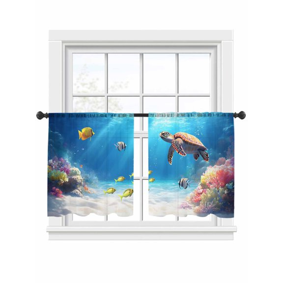 Ocean Turtle Sheer Curtains 45 Inch Long 2 Panels, Nautical Colorful Sea Turtle Fish Coral Sunlight Bubble Light Filtering Rod Pocket Curtains, Sheer Voile Drapes for Living Room Bedroom, 52"x45"