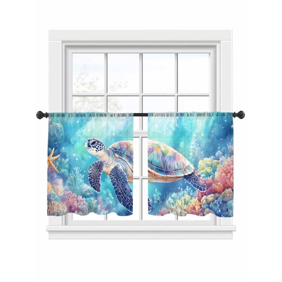 Ocean Turtle Sheer Curtains 45 Inch Long 2 Panels, Nautical Watercolor Blue Sea Coral Starfish Bubble Light Filtering Rod Pocket Curtains, Sheer Voile Drapes for Living Room Bedroom, 52"x45"