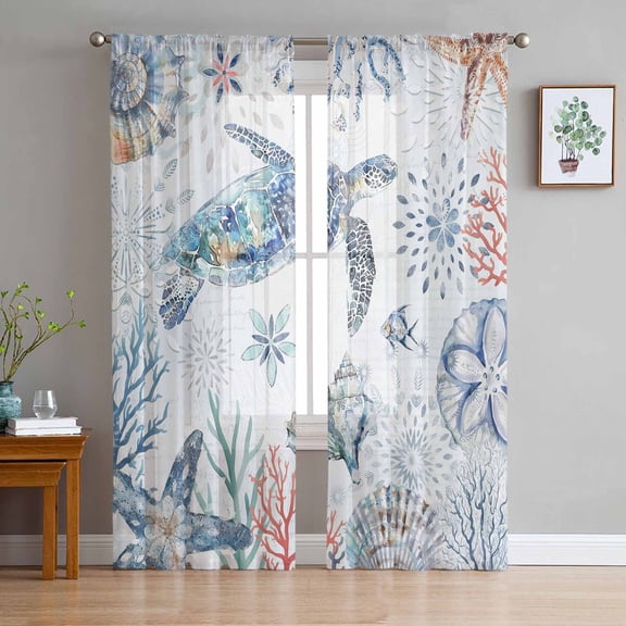 Ocean Turtle Sheer Curtains 72 Inches Long 2 Panels Set, Window Sheer Curtains for Living Room/Bedroom, Summer Coastal Coral Flower Shells Light Filtering Rod Pocket Curtain 52'' x 72'' x 2