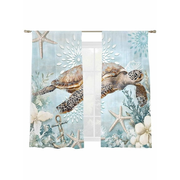 Ocean Turtle Sheer Curtains for Living Room Bedroom, Light-filtering Sheer Curtain, Retro Marine Life Starfish Coral Rod Pocket Voile Window Treatment Drapes, 52’’Wx72’’L, 2 Panels Set