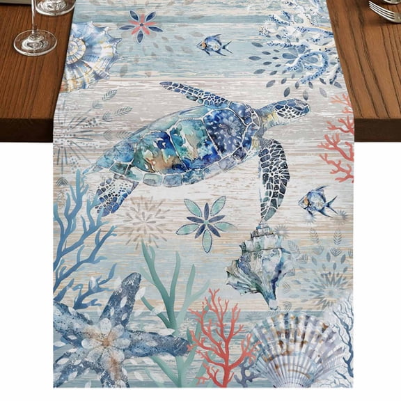 Ocean Turtle Short Table Runner 60 Inches Long,Coral Vintage Blue Shell Coastal Conch Cotton Linen Table Runners Dresser Scarves,Tabletop Scarf Furniture Cover for Home Dinner Party Decor 13"x60"