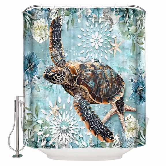 Ocean Turtle Shower Curtain, 36" x 72", Nautical Retro Beige Starfish Sealife Waterproof Bathroom Curtain Washable Shower Curtain Set with 12 Hooks