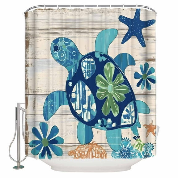 Ocean Turtle Shower Curtain, 36" x 72", Sea Animals Rustic Wooden Board Waterproof Bathroom Curtain Washable Shower Curtain Set with 12 Hooks