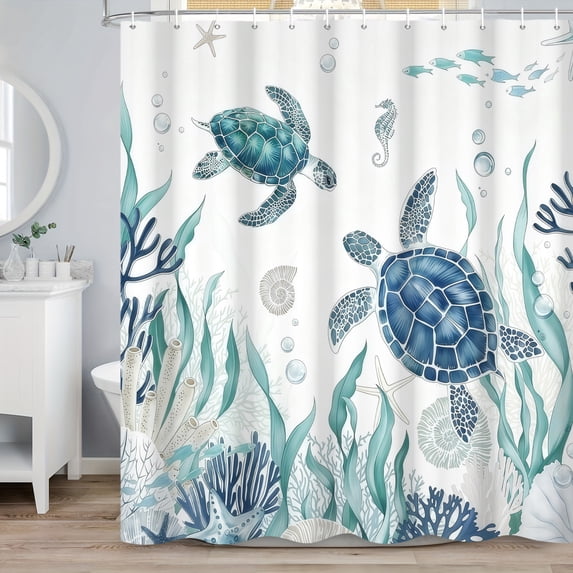 Ocean Turtle Shower Curtain Coastal Sea Coral Bathroom Curtain Decor 60x72 in