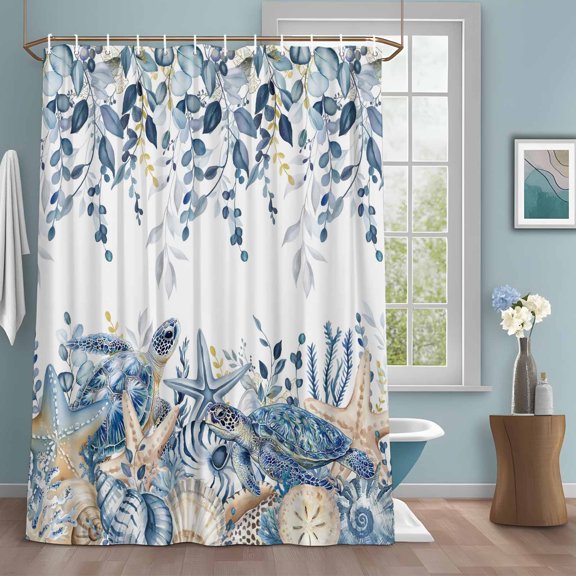 Ocean Turtle Shower Curtains for Bathroom, Retro Sea Stars Shells Blue Leaf Washable Fabric Shower Curtain with Hooks Waterproof Bathroom Decor Sets, 72 x 72 Inches