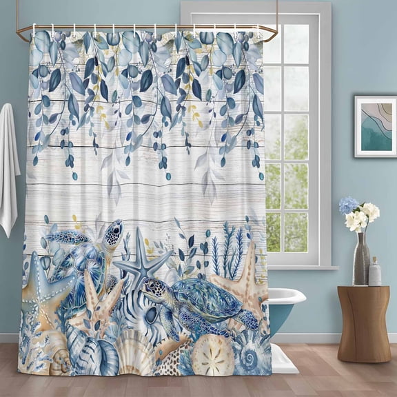 Ocean Turtle Shower Curtains for Bathroom, Retro Sea Stars Shells Blue Leaf Wood Grain Washable Fabric Shower Curtain with Hooks Waterproof Bathroom Decor Sets, 72 x 72 Inches