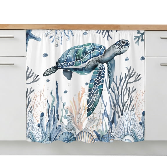 Ocean Turtle Sink Skirt 10"W x 11"L, Dustproof Under Sink Curtain Skirt for Bathroom Kitchen, Coastal Coral Seagrass Starfish Adhesive Short Vanity Curtains Cover for Laundry Room Closet Shoe Rack