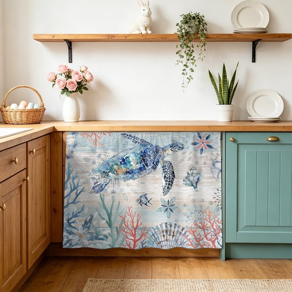 Ocean Turtle Small Sink Skirt 10"Wx11"L,Dustproof Under Sink Curtain with Self Adhesive Tape,Coral Vintage Blue Shell Coastal Conch Cabinet Curtain Cover for Bathroom Vanity,Kitchen Storage Shelf,RV