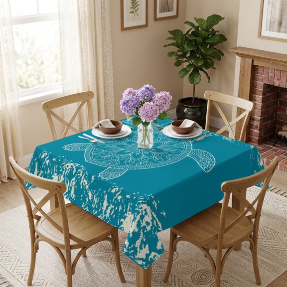 Ocean Turtle Square Tablecloth 54x54 Inch Abstract Lines Art Waterproof Polyester Table Cover, Washable Stain Resistant Tablecloth for Dining Table Kitchen Wedding