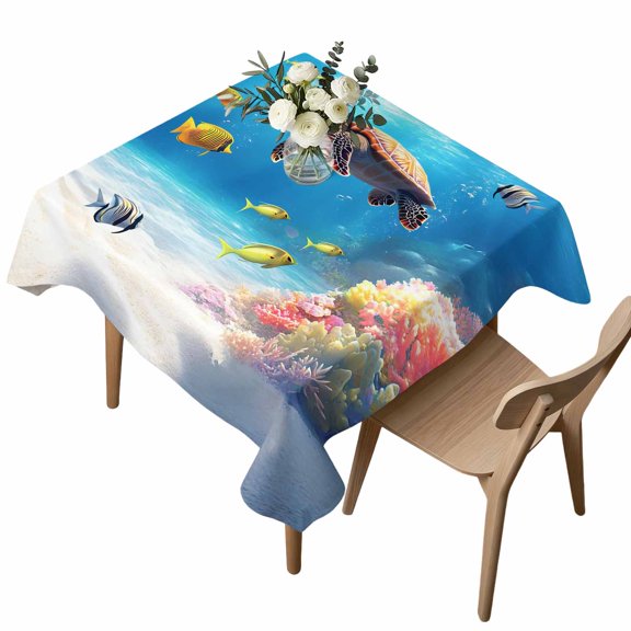 Ocean Turtle Square Tablecloth Nautical Colorful Sea Turtle Fish Coral Sunlight Bubble Waterproof Wrinkle Free Soft Table Cloth Spill-Proof Washable Table Cover for Dining Party Picnic 54 x 54 Inch