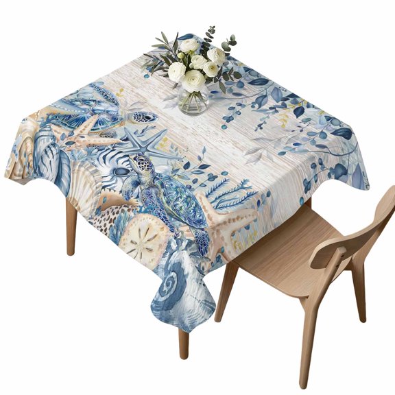 Ocean Turtle Square Tablecloth Retro Sea Stars Shells Blue Leaf Beige Stripes Waterproof Wrinkle Free Soft Table Cloth Spill-Proof Washable Table Cover for Dining Party Picnic 54 x 54 Inch