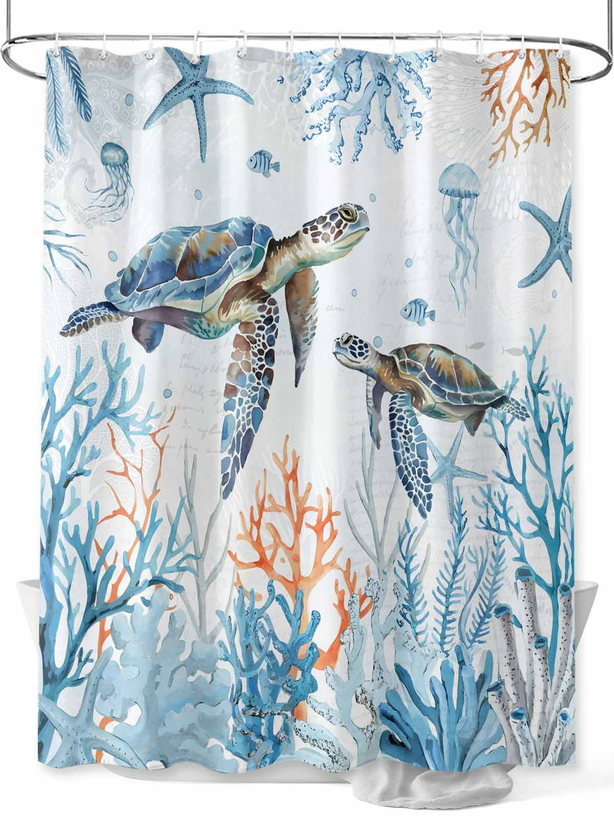 Ocean Turtle Standard Shower Curtain Set, Waterproof Shower Curtains for Bathroom, Blue Coastal Coral Starfish Seagrass Washable Fabric Cloth Bath Curtain for Bathtub with Hooks 72x72 Inches