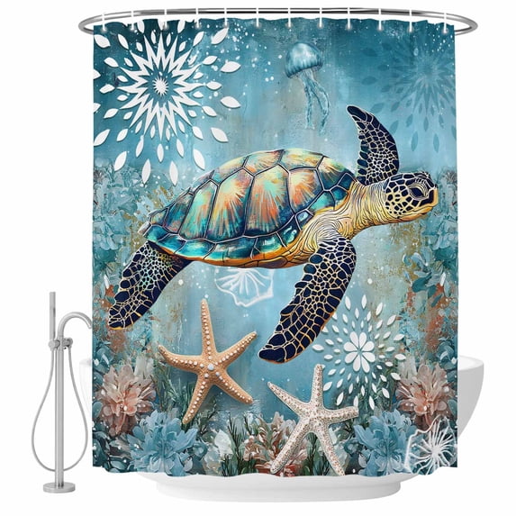 Ocean Turtle Starfish Fabric Shower Curtain Coral Marine Life Washable Shower Curtains for Bathroom, Waterproof Bath Curtain with Hooks Home Decor 72x72in