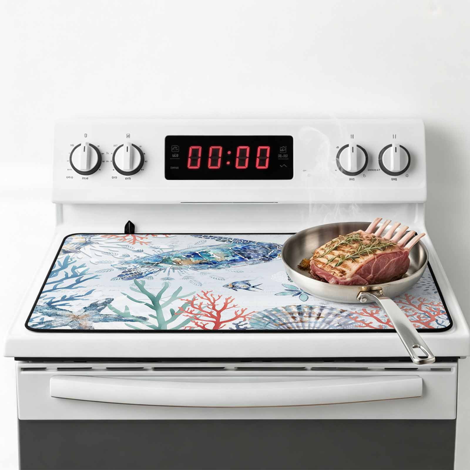 Ocean Turtle Stove Top Cover for Electric Stove, Heat-proof & Non Slip Glass Top Stove Cover Protector, Summer Coastal Coral Flower Shells Kitchen Flat Cooktop Rubber Mat 24x21 Inches