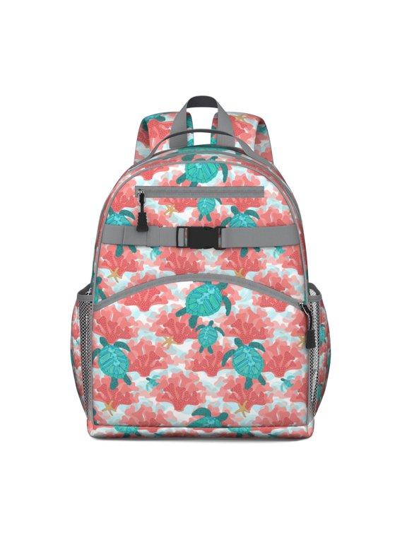 Ocean Turtle Students Backpack with Tropical Marine Life and Hawaiian Coral Reef Print, Cute Cartoon Sea Turtle and Nautical Beach Theme, Spacious and Adjustable