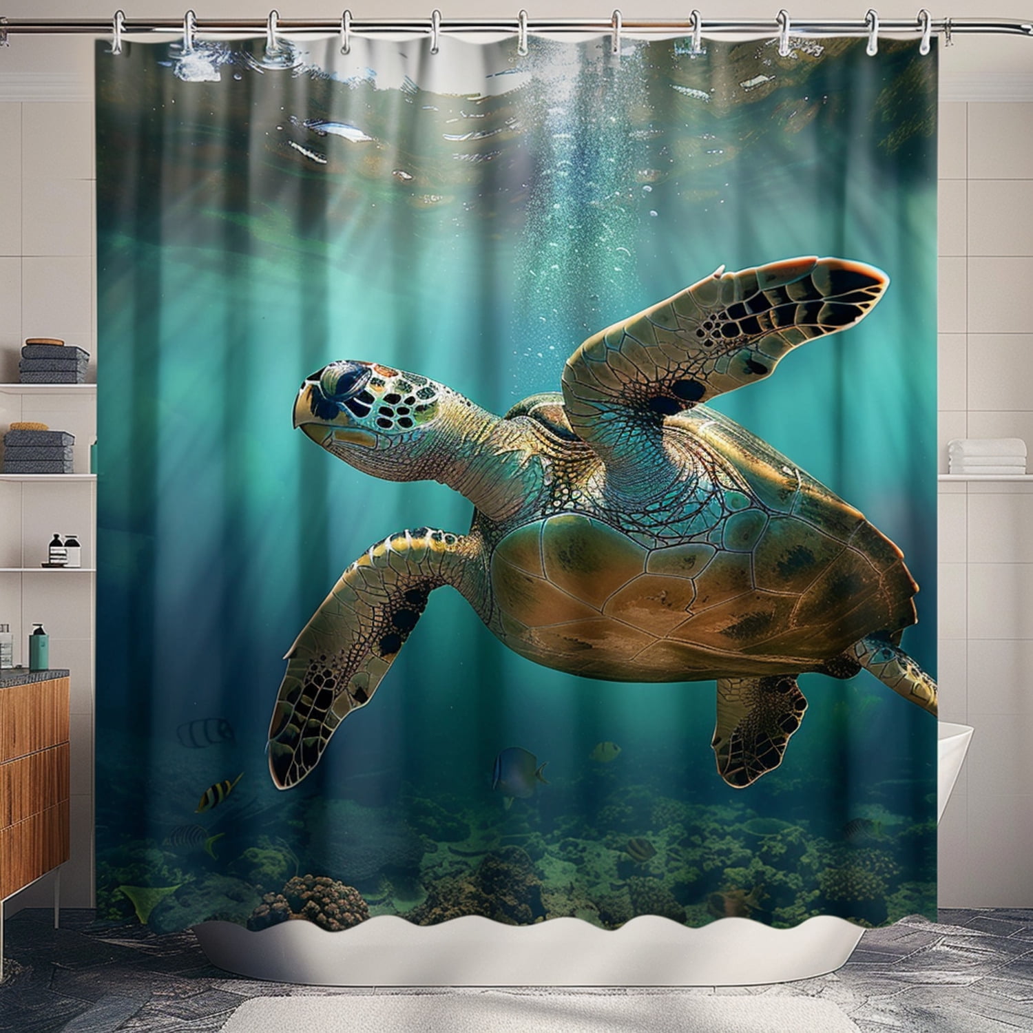 Ocean Turtle Swimming Underwater Shower Curtain Hyper Realistic