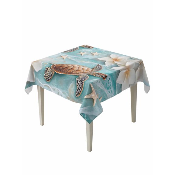 Ocean Turtle Table Cloth, Waterproof Tablecloth for Square Tables, Coastal Starfish Beach Wave Spring Flower Reusable Washable Fabric Table Cover for Restaurant Kitchen Dining Tables 54"x54"