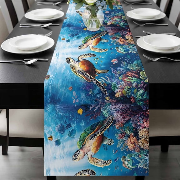 Ocean Turtle Table Runner 108 Inches Long, Sea Coral Underwater Animal Fish Blue Kitchen Coffee Dining Table Decoration for Home Party Birthday Wedding Home Decor 13x108 Inches