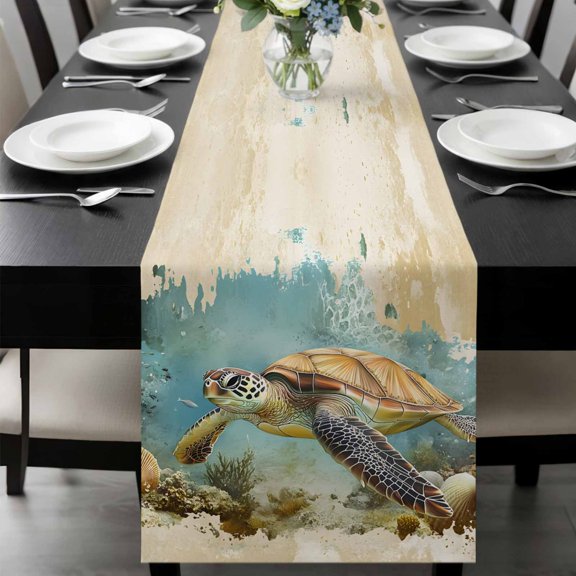 Ocean Turtle Table Runner 36 Inches Long, Coastal Coral Illustration Retro Painting Kitchen Coffee Dining Table Decoration for Home Party Birthday Wedding Home Decor 13x36 Inches
