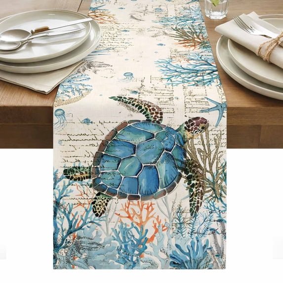 Ocean Turtle Table Runner - 60 Inch Long, Kitchen Dining Table Runner Dresser Scarves, Coastal Nautical Coral Starfish Blue Farmhouse Decor for Coffee Tables Wedding Party Banquet