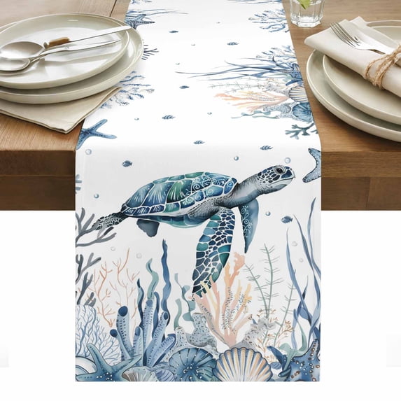 Ocean Turtle Table Runner - 70 Inch Long, Kitchen Dining Table Runner Dresser Scarves, Coastal Coral Seagrass Starfish Farmhouse Decor for Coffee Tables Wedding Party Banquet