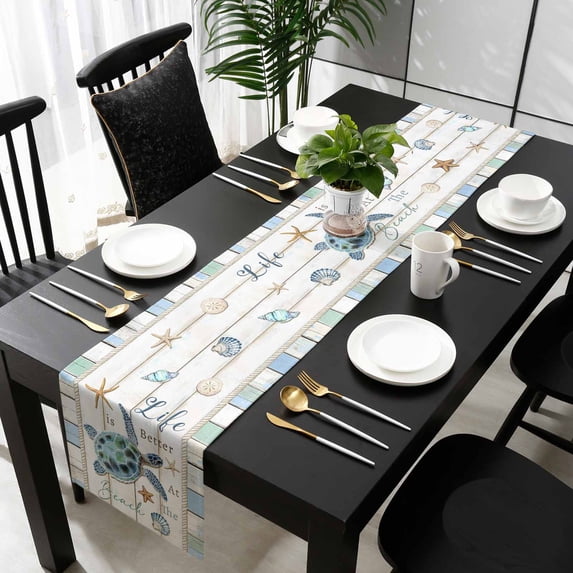 Ocean Turtle Table Runner 70 Inches Long - Coastal Blue Starfish Shell Conch Wood Grain Kitchen Dining Burlap Linen Tablerunner for Small/Round/Square/Wedding/Coffee/Dining Table Party Décor 13 x 70