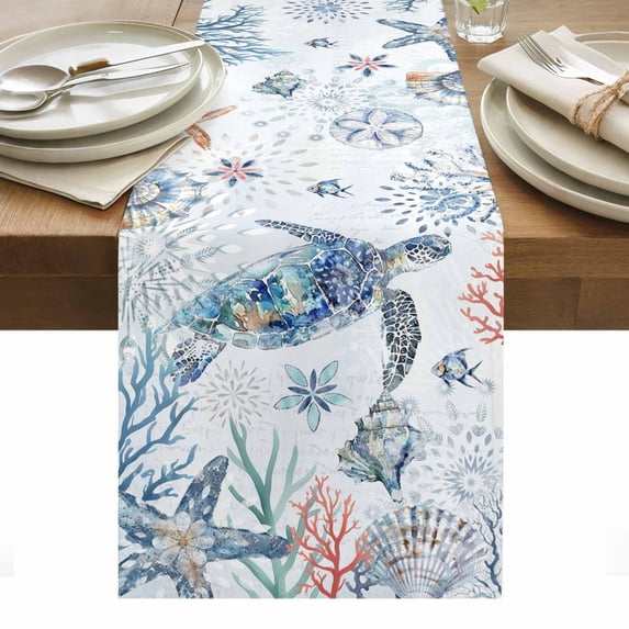 Ocean Turtle Table Runner - 90 Inch Long, Kitchen Dining Table Runner Dresser Scarves, Summer Coastal Coral Flower Shells Farmhouse Decor for Coffee Tables Wedding Party Banquet